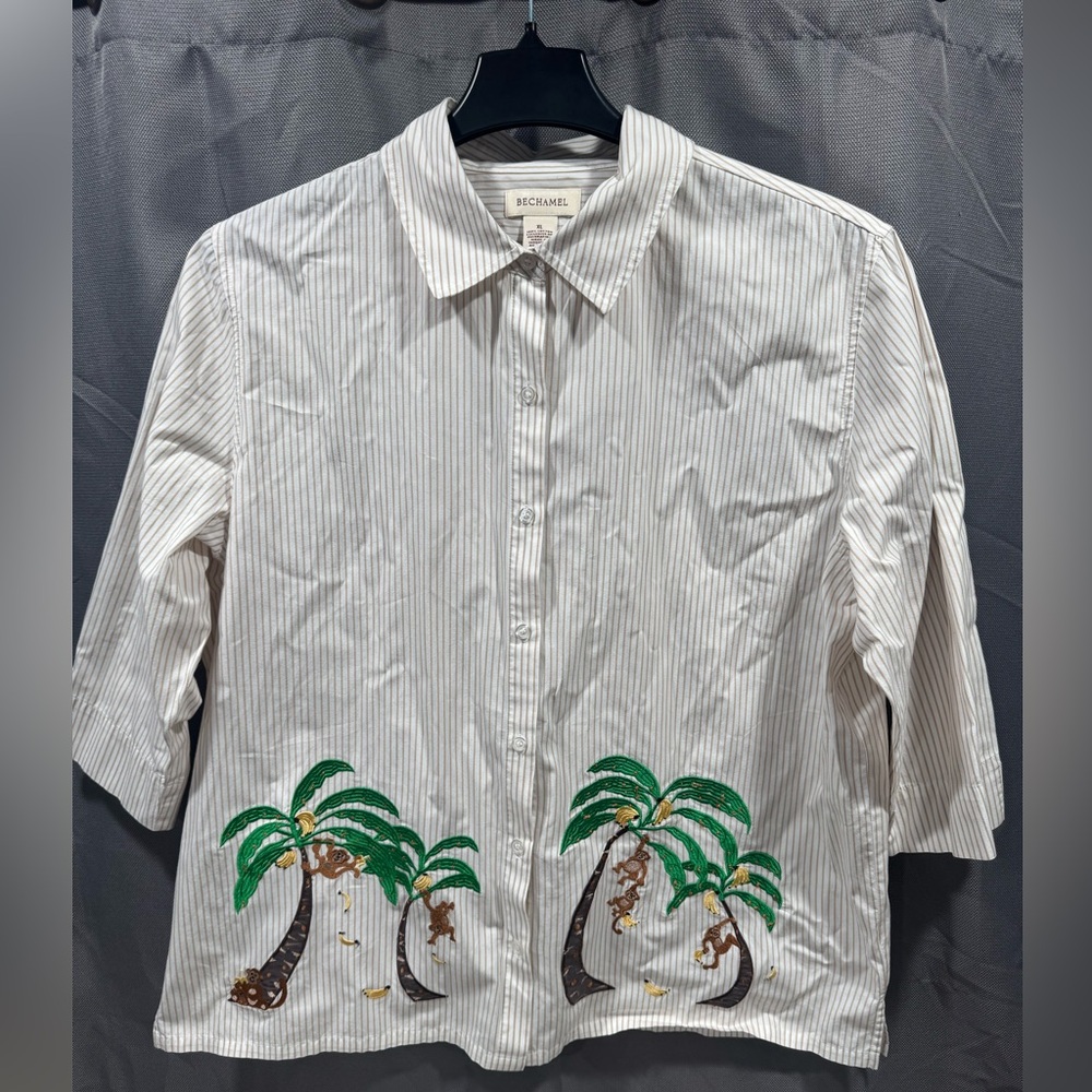 BECHAMEL 3/4 Sleeve Button Up Tropical Embroidery